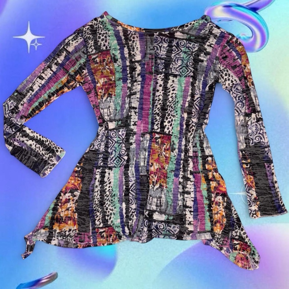 vtg y2k plume & thread sheer burnout aop handkerchief hem tunic top, sz 3
